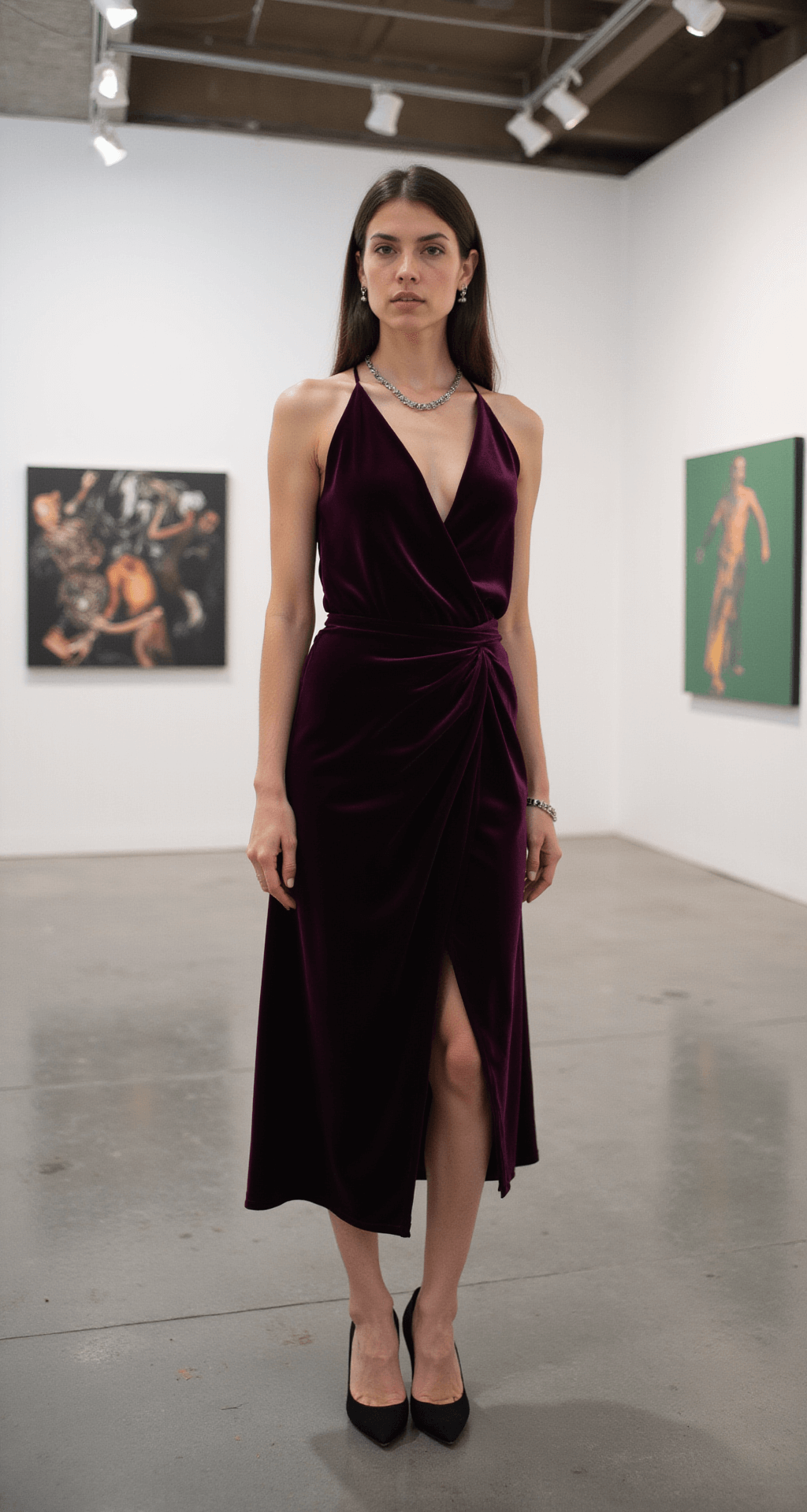 15 Stunning Dinner Party Outfits That'll Make You The Best-Dressed Guest A woman in a plum velvet midi dress with architectural draping stands in an art gallery with white walls and concrete floors, wearing black pointed stilettos and minimal silver jewelry, photographed from a slight low angle with mixed lighting from spotlights and natural light.