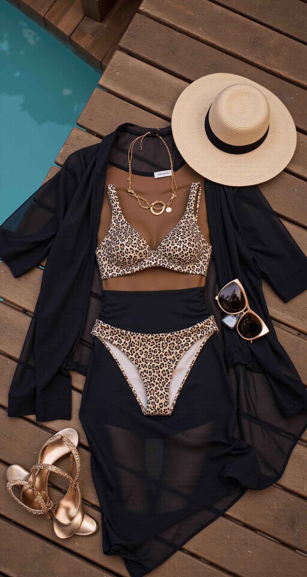 Pool Party Perfect: Your Ultimate Guide to Stylish Swimwear and Cover-ups Close-up of a stylish poolside cabana scene at dusk featuring a leopard-print bikini set, sheer black cover-up, metallic sandals, and sun protection accessories, all arranged on textured teak decking with a focus on rose gold jewelry accents.