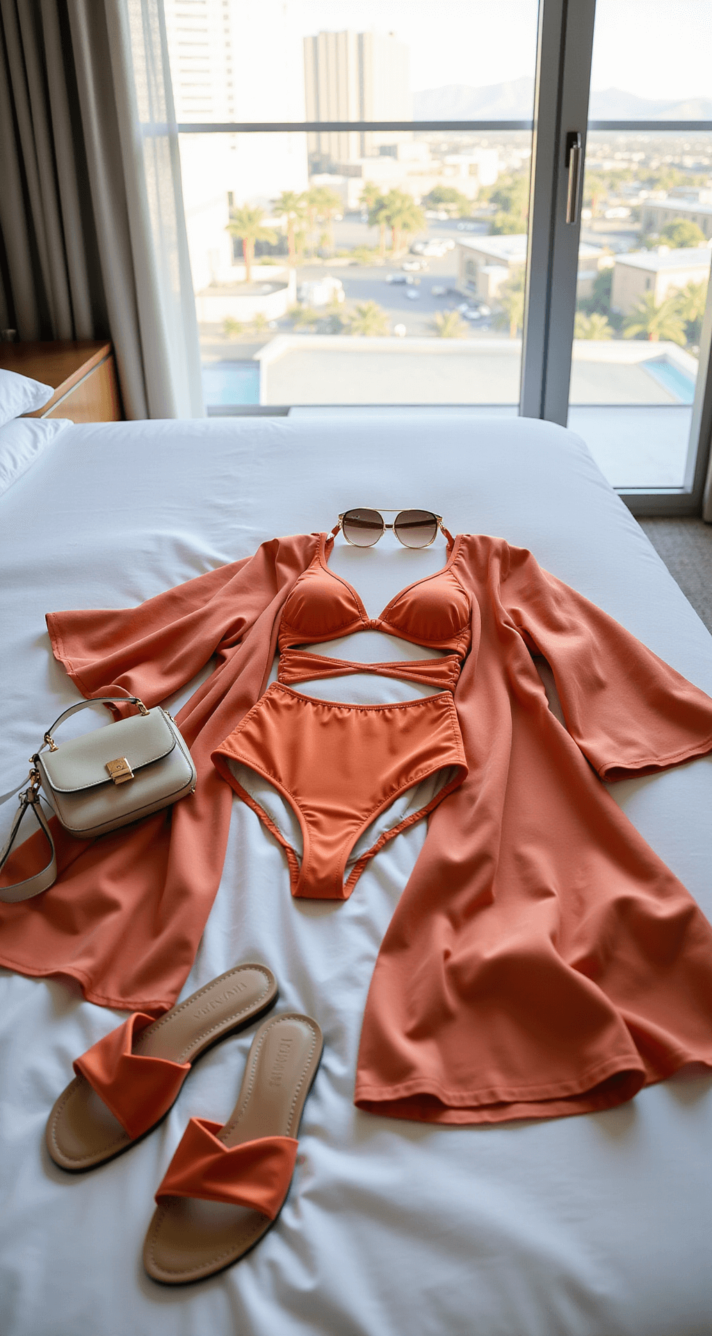 Summer Sizzle: Your Ultimate Vegas Pool Party Style A luxurious hotel suite in the morning light, featuring a complete pool party outfit laid out on a king-size white bed, including a sunset orange cutout one-piece swimsuit, a floating silk kaftan in coral tones, rose gold slide sandals, oversized round sunglasses, and a cream leather micro-bag, with soft bokeh of the Strip visible in the background.
