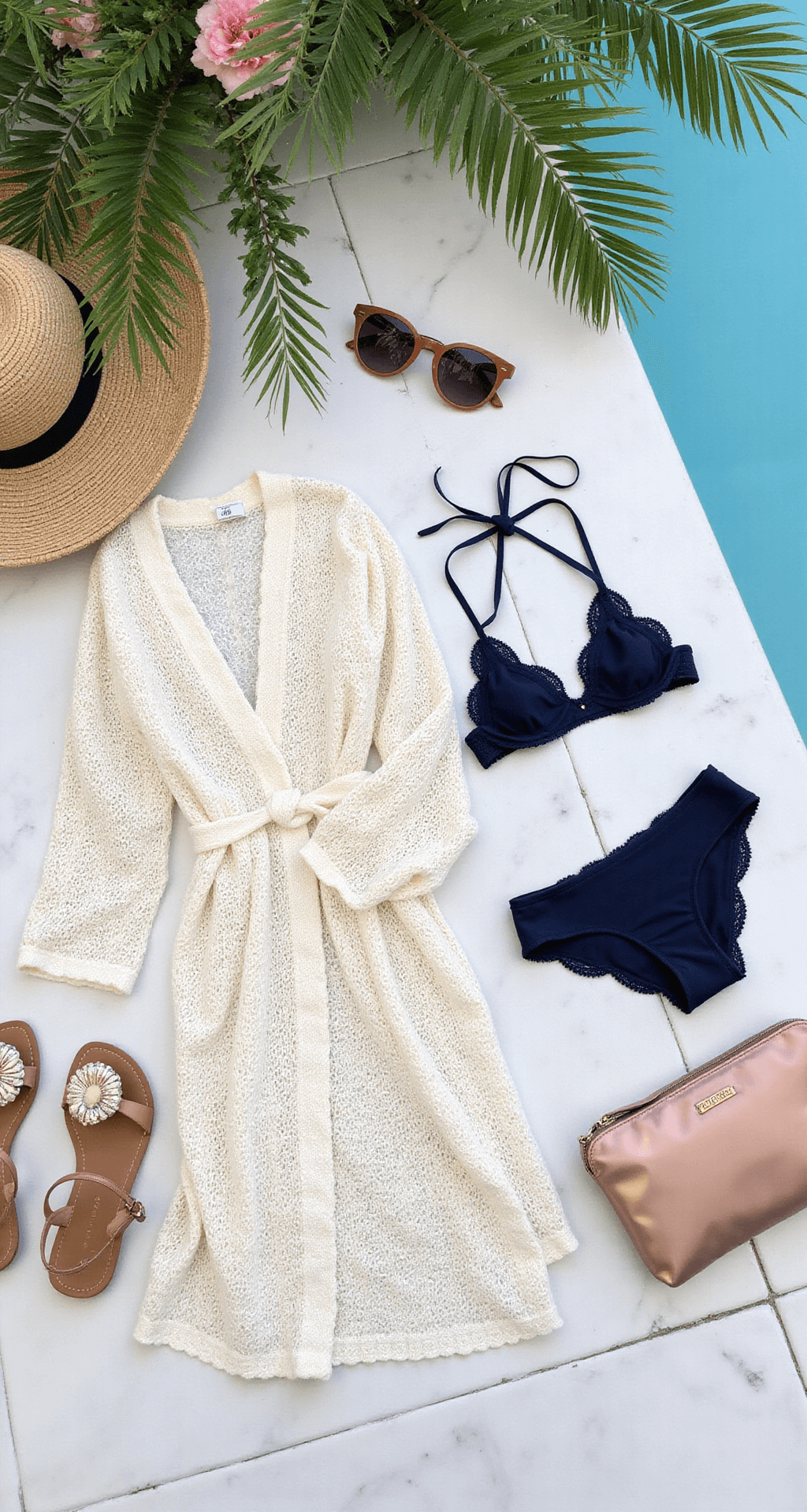 Pool Party Perfect: Your Ultimate Guide to Stunning Swimwear Style Intimate poolside fashion flat lay at magic hour, showcasing a crochet cover-up dress, navy bikini, oversized sunglasses, woven sun hat, shell sandals, and metallic rose gold clutch on white marble tile, accented with fresh flowers and palm fronds.
