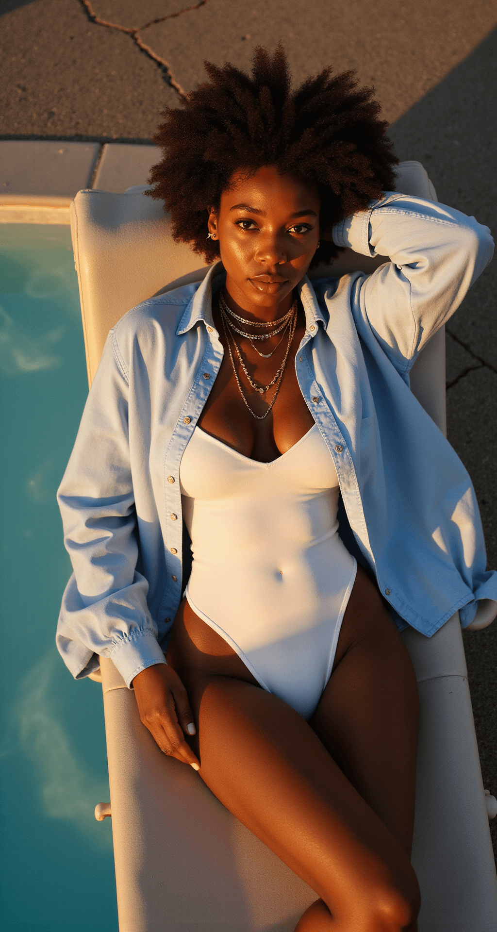 SUMMER POOL PARTY SLAYING: YOUR ULTIMATE STYLE FOR BLACK QUEENS A Black model reclining on a modern pool chaise at sunset, wearing a minimalist white one-piece under an open light blue oxford shirt. She is adorned with delicate gold necklaces, her edges perfectly styled. The warm golden light enhances the scene, emphasizing the interplay of light and shadow captured from above.