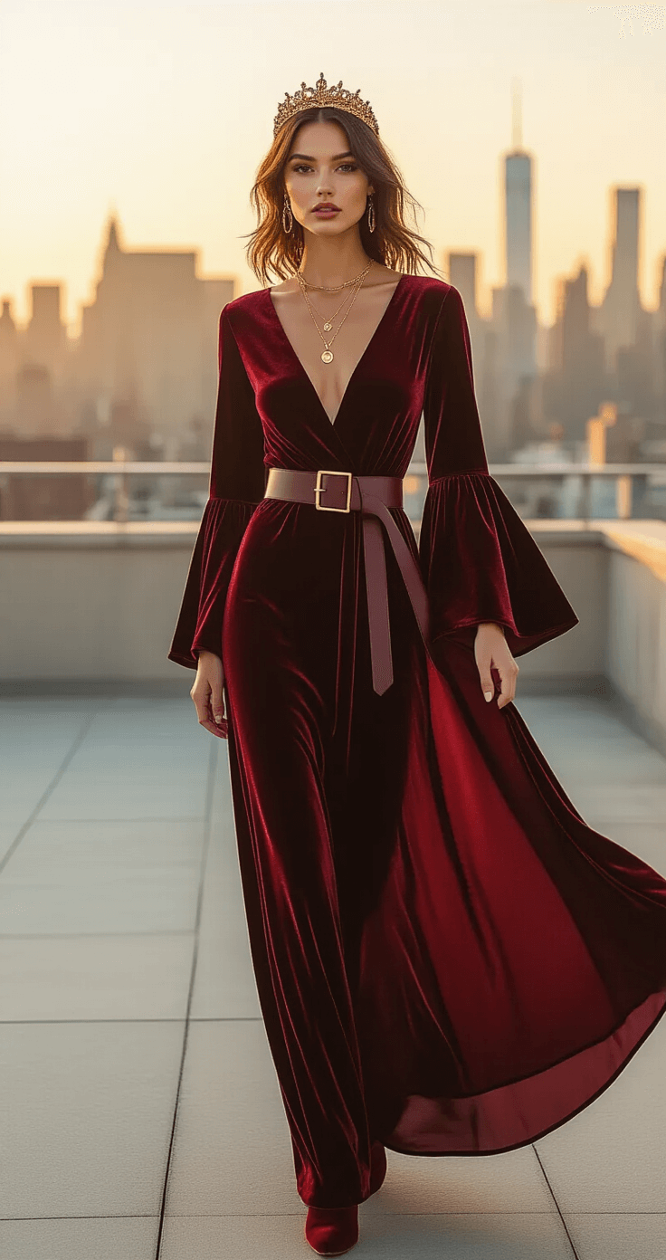 Medieval Fashion: How to Rock a Middle Ages Look in 2024 A model in a burgundy velvet maxi dress with bell sleeves stands on a sun-drenched urban rooftop at golden hour, showcasing a city skyline. The dress flows with the breeze, accentuated by a leather belt, while she wears minimalist gold jewelry and suede ankle boots. The shot, taken from a low angle with a 50mm lens, captures the movement of the dress against the blurred architectural backdrop.