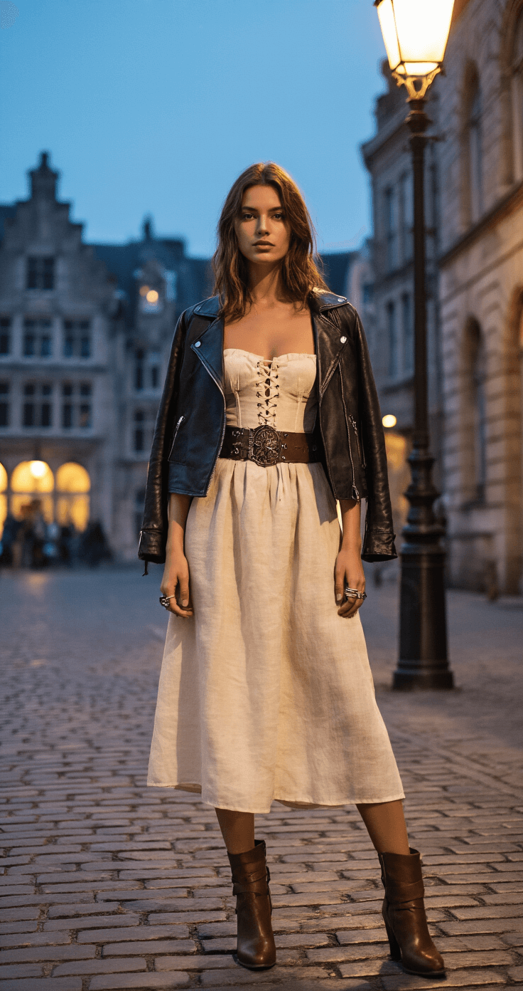 Medieval Fashion: How to Rock a Middle Ages Look in 2024 A model in a structured cream linen dress and modern leather jacket stands at a cobblestone street corner at twilight, showcasing a medieval-inspired belt with metal details, stacked rings, and leather ankle boots against a backdrop of historic architecture.
