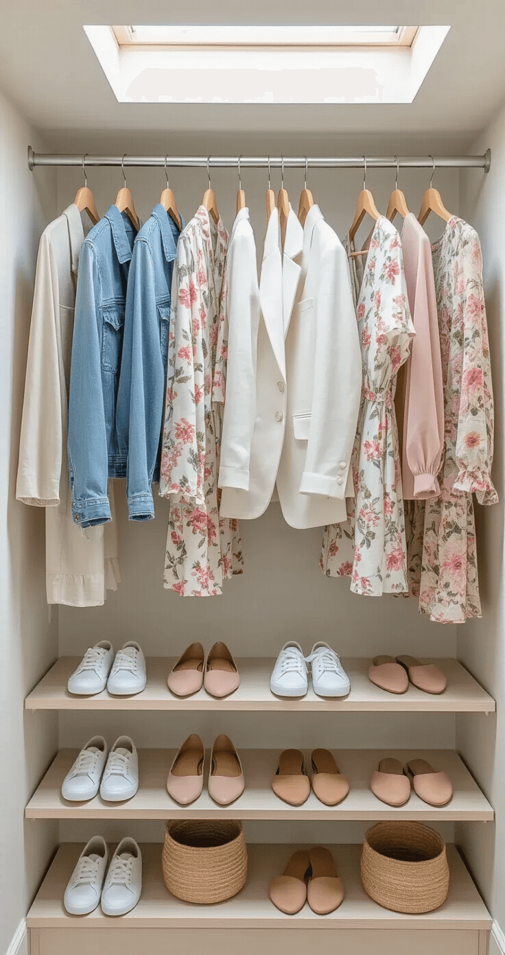 Spring Fashion That Actually Works: Your Guide to Killer Outfits A minimalist walk-in closet featuring a well-organized rack with a light wash denim jacket, white linen blazer, and floral midi dresses in various prints, complemented by pastel knits. Below, there are white sneakers, nude flats, and woven sandals, all illuminated by natural light from a skylight.