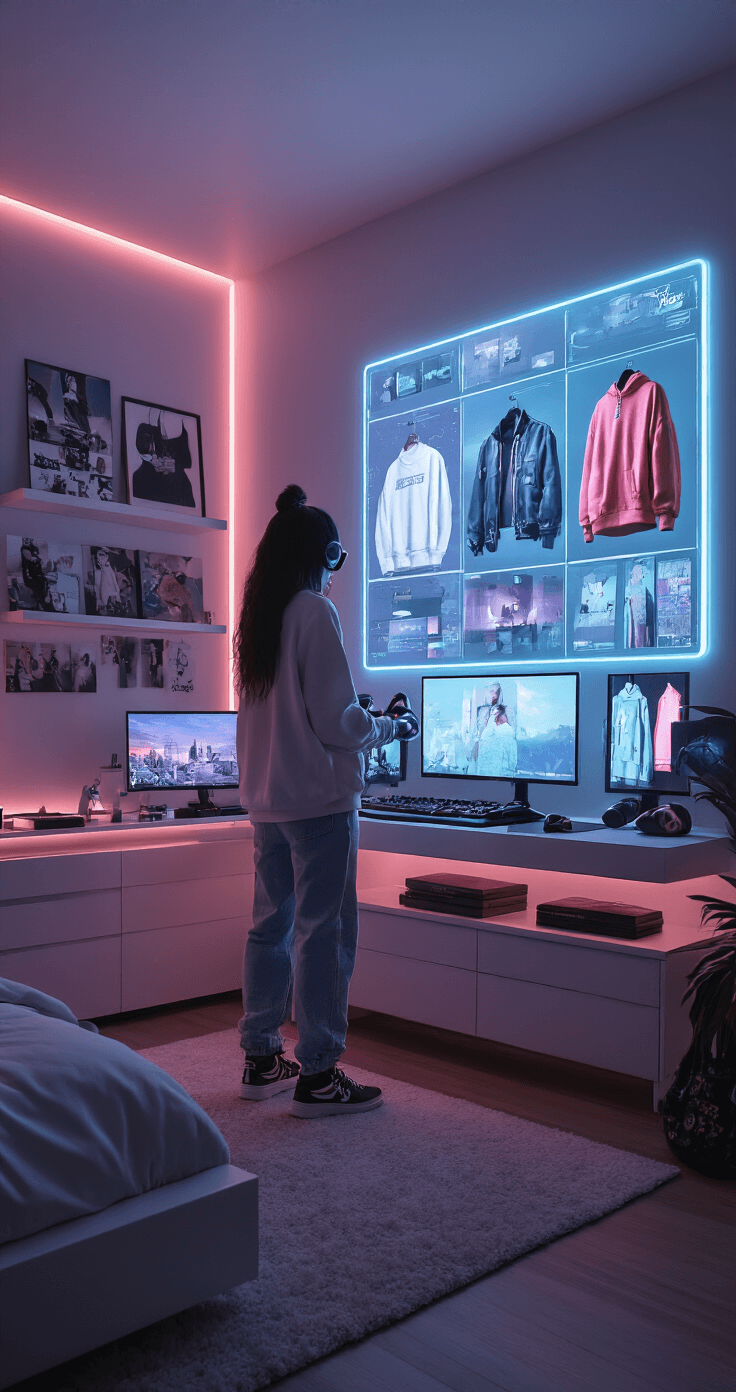 SLAY THE RUNWAY: YOUR ULTIMATE GUIDE TO DRESS TO IMPRESS ON ROBLOX A stylish modern bedroom featuring a gaming setup, fashion mood boards, and a holographic display showcasing a mix of streetwear and digital luxury pieces, bathed in soft ambient lighting, captured in a lifestyle documentary style.