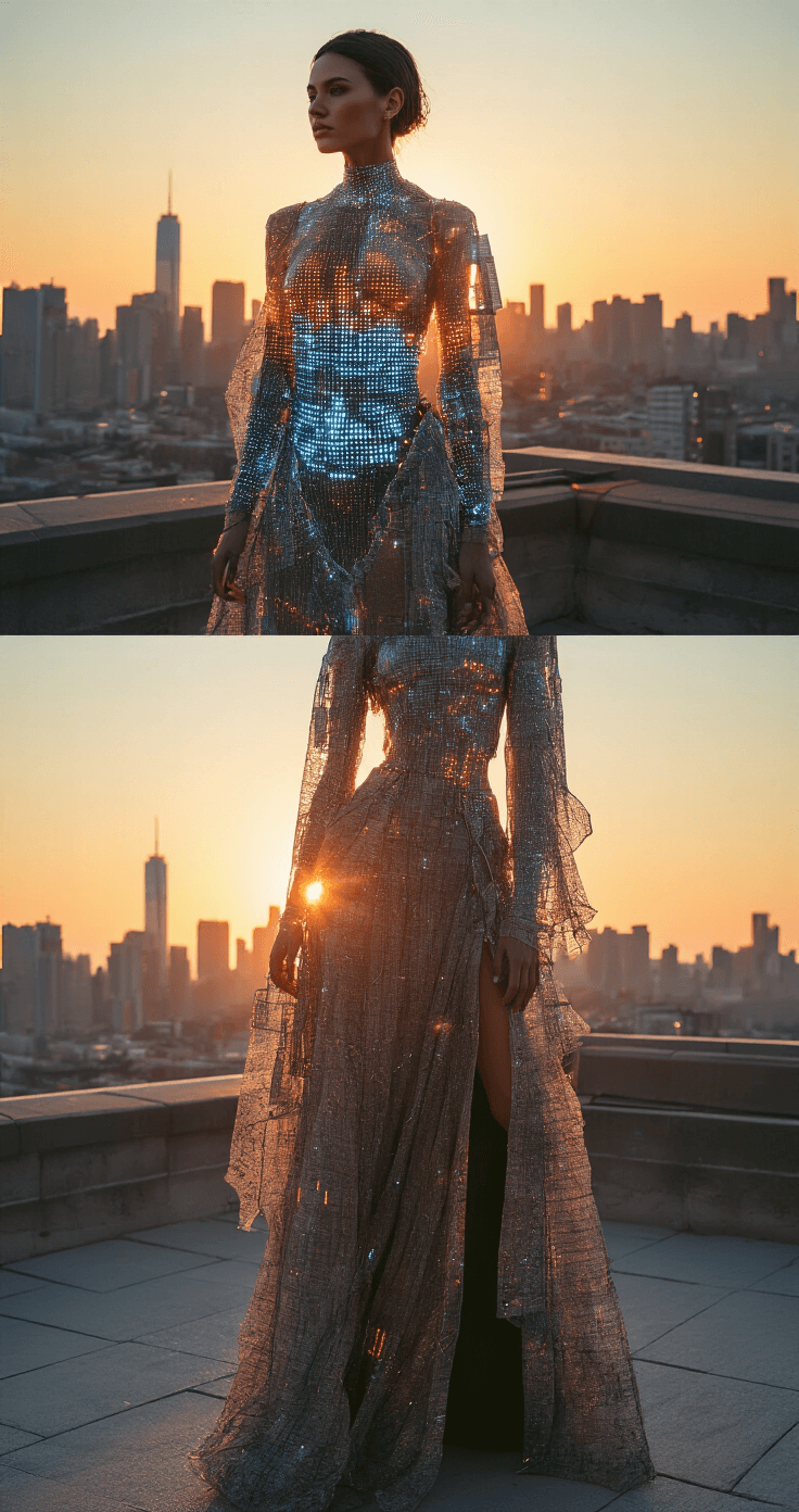 SLAY THE RUNWAY: YOUR ULTIMATE GUIDE TO DRESS TO IMPRESS ON ROBLOX A model poses on a sunset-lit rooftop with a city skyline behind, showcasing a hybrid outfit that blends physical and digital elements, including crystalline structures and flowing fabrics with pixel effects, illuminated by glowing accessories. The image captures the ethereal ambiance of magic hour with natural lens flare, shot with a 50mm prime lens for an editorial look.