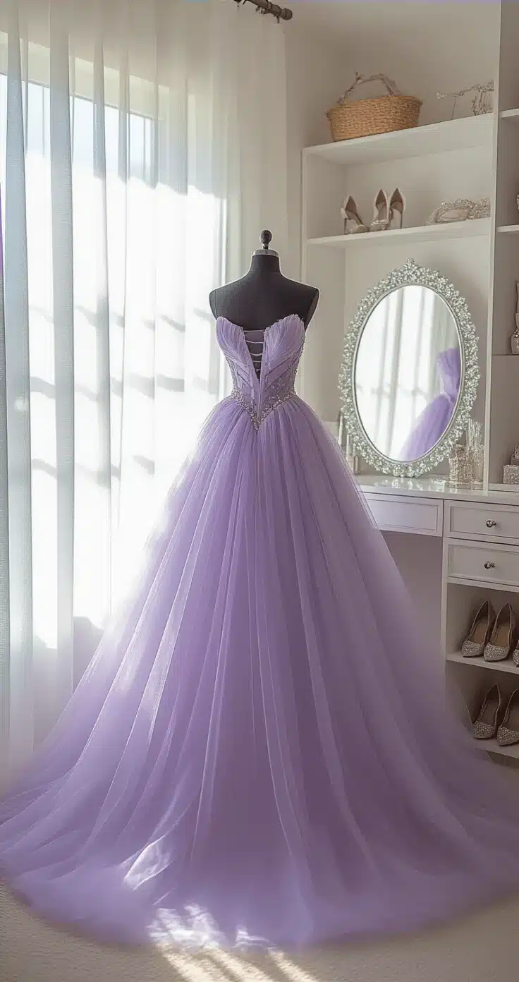 Sweet 16 Party Fashion: Your Ultimate Guide to Dressing to Impress A sunlit walk-in closet showcasing a lilac tulle gown on a luxury mannequin, with organized sparkly heels, a crystal-draped vanity mirror, and neatly arranged hair accessories, all captured in a wide-angle shot.
