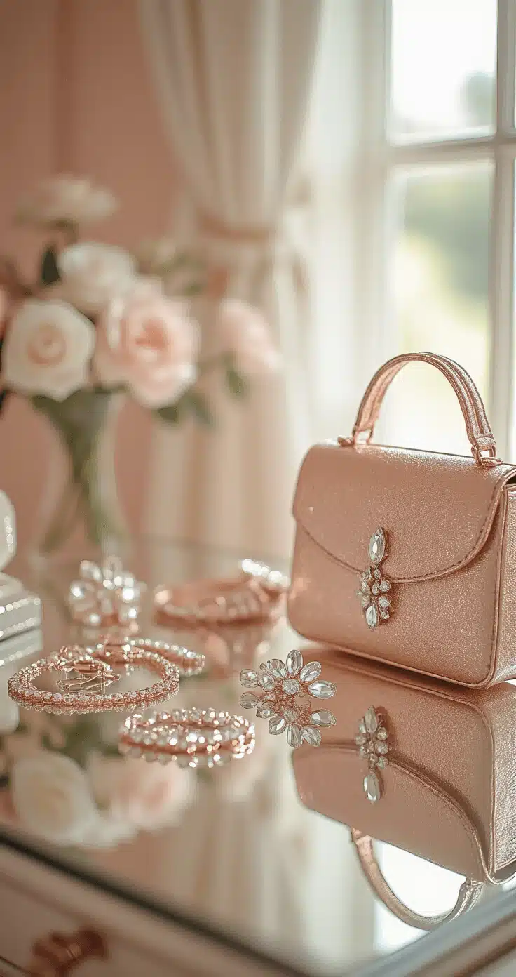 Sweet 16 Party Fashion: Your Ultimate Guide to Dressing to Impress Close-up of a mirrored vanity in a vintage-inspired bedroom, featuring layered delicate necklaces, crystal hair clips, and a metallic rose gold evening bag against pastel walls with soft afternoon light.