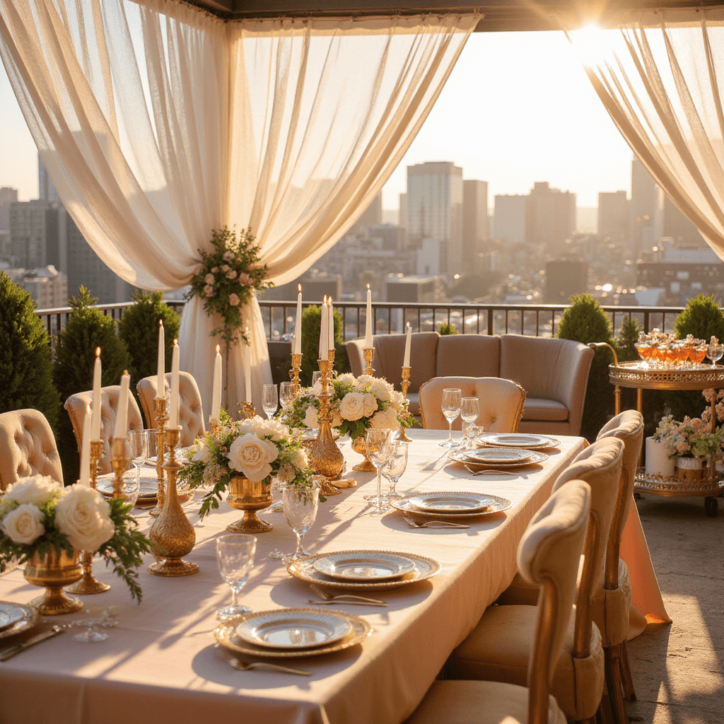 Heartfelt Happy Anniversary Wishes: The Ultimate Guide to Celebrating Love A romantic rooftop terrace set for an anniversary celebration, featuring a long table with blush pink silk linens, gold candelabras, white peony centerpieces, and crystal champagne flutes, all bathed in golden hour light with a city skyline in the background. Plush velvet lounge furniture and a vintage bar cart with artisanal cocktails enhance the intimate atmosphere.