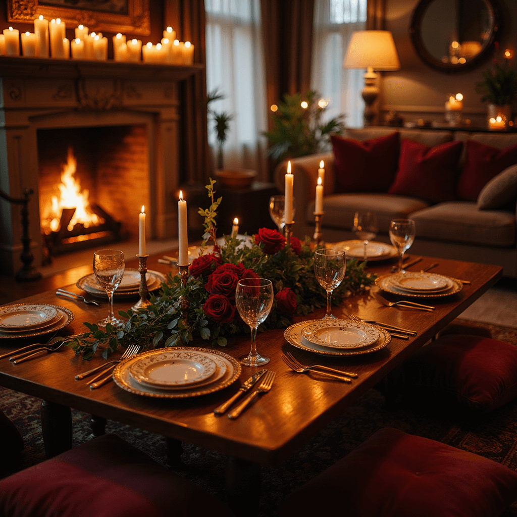 Heartfelt Happy Anniversary Wishes: The Ultimate Guide to Celebrating Love Intimate candlelit dinner party in a cozy living room, featuring a low table draped in burgundy velvet, set with gold-rimmed plates and antique cutlery. A floral centerpiece of deep red roses and tealights shines in soft lighting, with plush floor cushions and a crackling fireplace in the background.