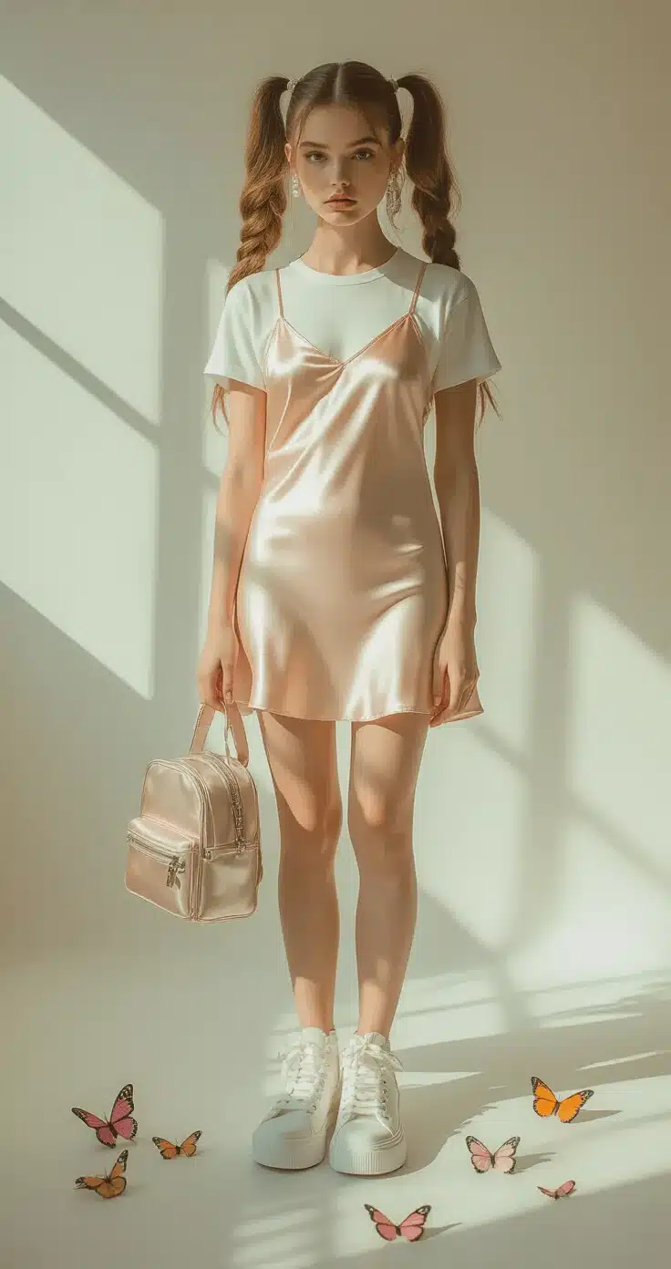 Channeling Your Inner Spice Girl: Fashion That Slays A model in a pastel pink satin slip dress layered over a white baby tee and chunky white platform sneakers poses in a minimalist white studio space, bathed in soft morning light. Her hair is styled in high pigtails adorned with pearl accessories, and she carries a metallic mini backpack, while scattered butterfly clips add whimsical touches. The image is captured straight-on with a soft focus background, showcasing editorial fashion quality.