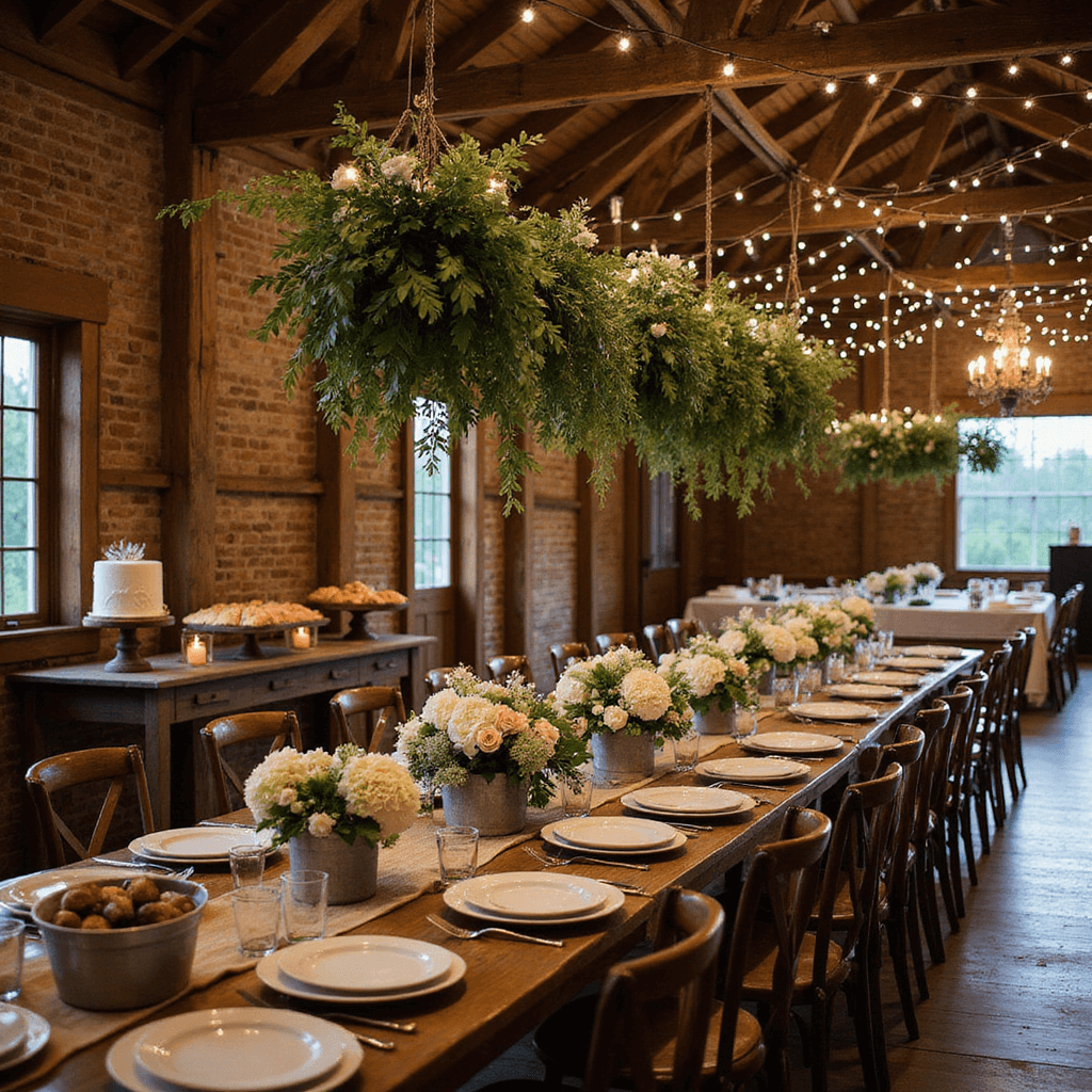 Heartfelt Happy Anniversary Wishes: The Ultimate Guide to Celebrating Love A rustic-chic barn wedding reception at twilight, featuring exposed wooden beams draped with greenery and fairy lights, long farm tables with elegant place settings and lush centerpieces, warm candlelight from mason jars, and a dessert table with a naked cake and pies, all captured from an elevated angle.
