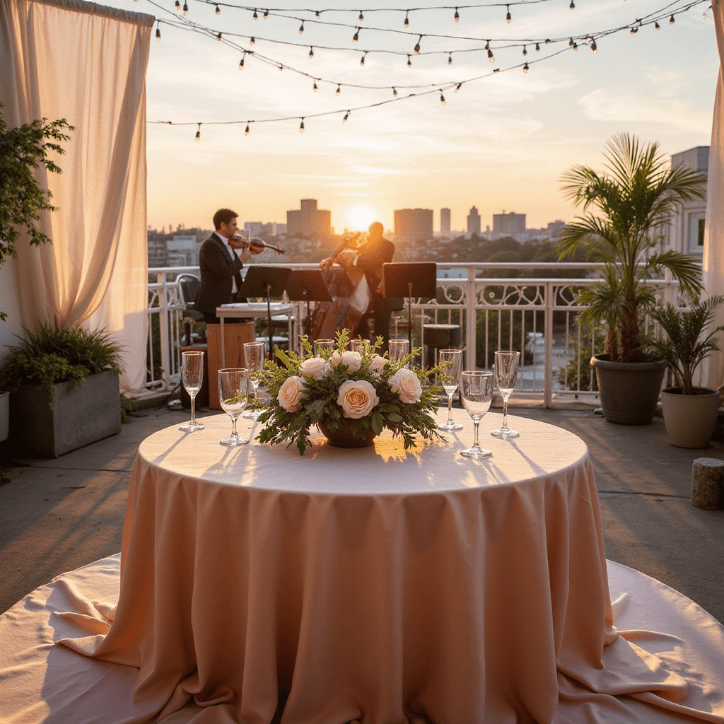 Anniversary Ideas: Unforgettable Ways to Celebrate Your Love A romantic rooftop terrace set for an anniversary dinner, featuring a round table with blush silk linens, a lush centerpiece of pale pink peonies and eucalyptus, vintage crystal champagne flutes, and crisscrossing fairy lights. A small orchestra is preparing in the background against a cityscape at sunset.
