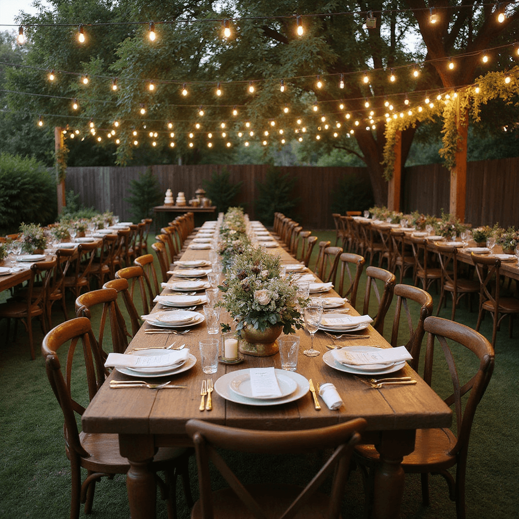 Anniversary Ideas: Unforgettable Ways to Celebrate Your Love Enchanting backyard anniversary celebration with rustic wooden tables under twinkling lights, mismatched vintage chairs, elegant table settings, wildflower centerpieces, and a dessert cart with tiered cakes, all bathed in soft evening light.