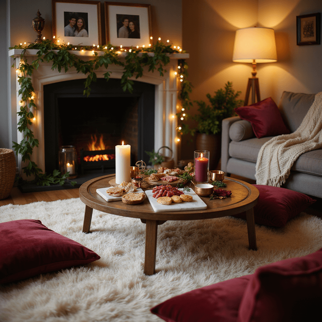 Anniversary Ideas: Unforgettable Ways to Celebrate Your Love A warm and intimate anniversary living room setup with a plush cream rug, low table adorned with a charcuterie spread, flickering candles, velvet floor cushions in jewel tones, and a cozy fireplace mantel featuring framed couple photos, all illuminated by soft lamp light and string lights.