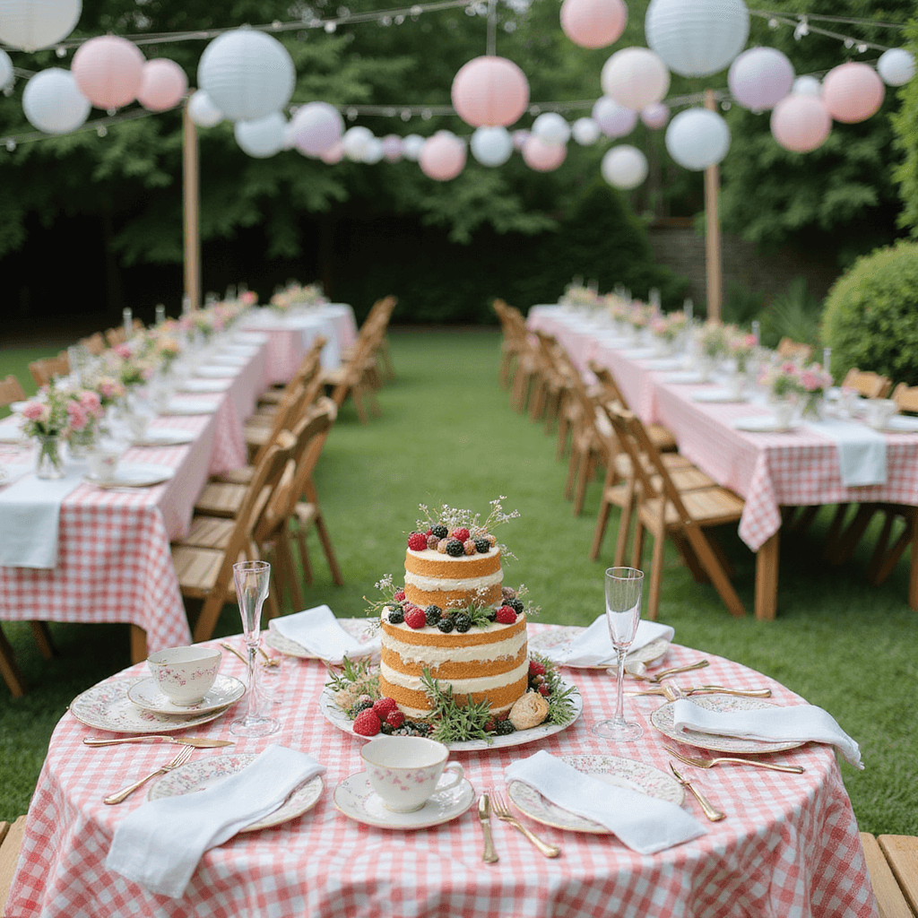 Anniversary Ideas: Unforgettable Ways to Celebrate Your Love A whimsical garden party scene with picnic tables draped in gingham cloths, decorated with pastel balloons and paper lanterns. Vintage teacups filled with wildflowers sit at each place setting, accompanied by mismatched china plates and rose gold cutlery. A dessert table features a tiered naked cake topped with fresh berries and edible flowers, all illuminated by bright natural light.
