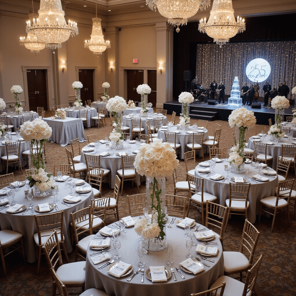 Anniversary Ideas: Unforgettable Ways to Celebrate Your Love Opulent ballroom for a 25th anniversary gala, featuring round tables with silver linens, white orchid centerpieces, mirrored chargers, and personalized silver favors, highlighted by a grand ice sculpture and champagne tower, with a live band on a twinkling light stage, captured from an elevated angle.