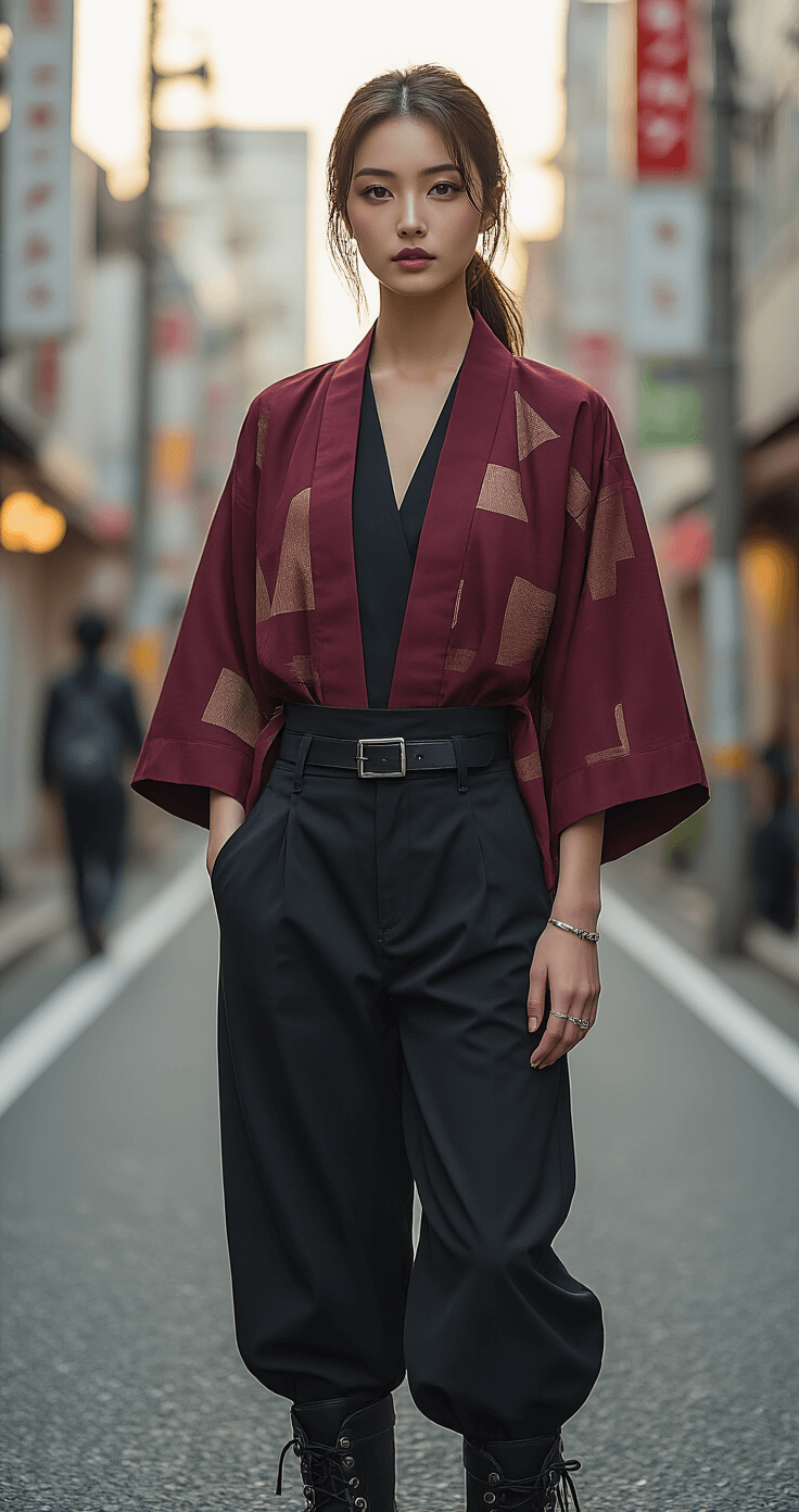 Anime Fashion: How to Rock Your Favorite Character's Style IRL A model in a modern haori-inspired burgundy jacket and tailored black pants stands in Tokyo's fashion district during golden hour, with sunlight illuminating the fabric textures, paired with leather combat boots and minimal accessories.