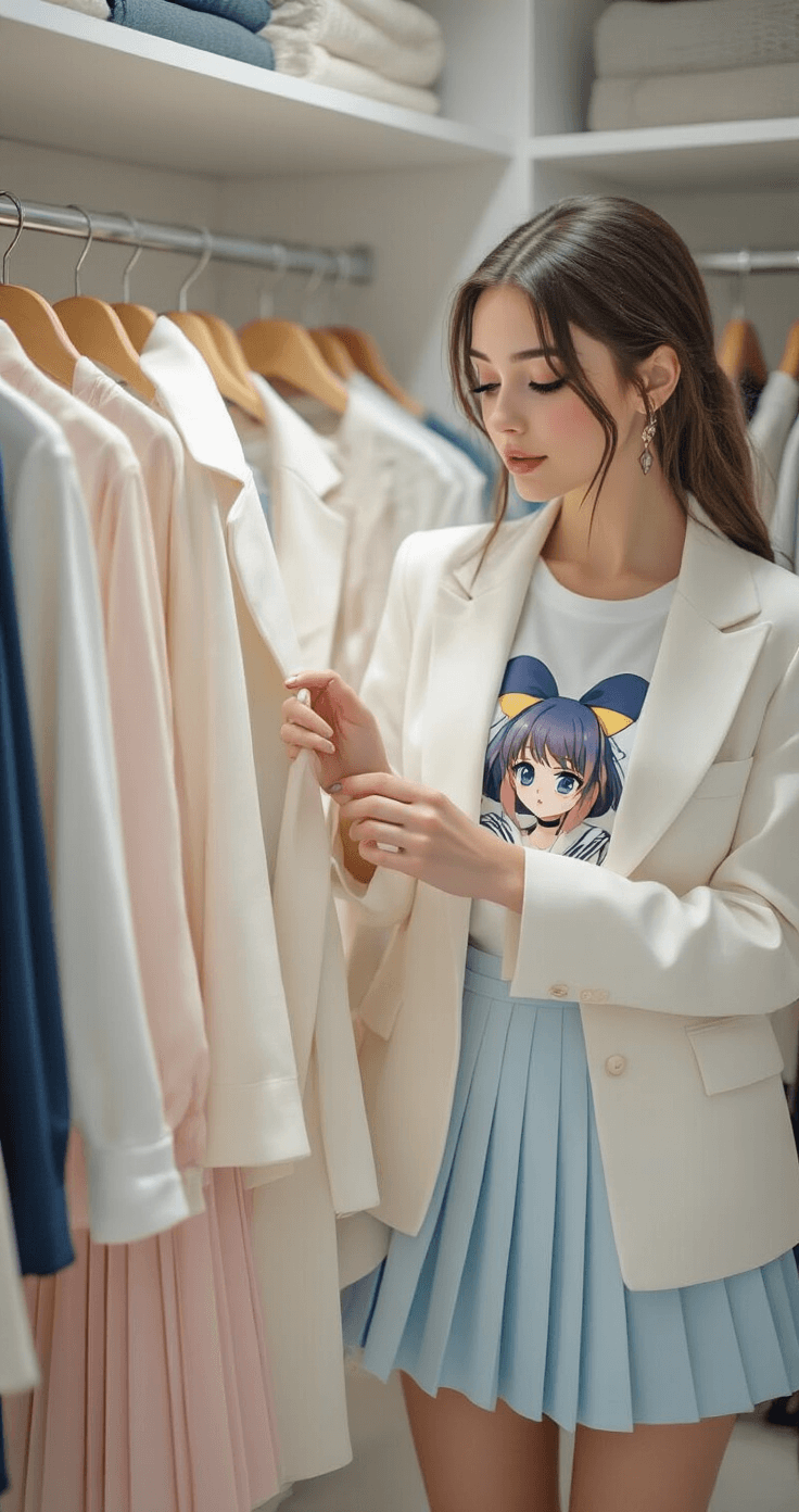 Anime Fashion: How to Rock Your Favorite Character's Style IRL A fashion influencer in a bright, airy walk-in closet, browsing through an organized anime-inspired collection, featuring a structured white blazer with sailor details, pastel pleated skirts, and graphic tees, with a close-up of hands exploring various fabric textures under soft ambient lighting.
