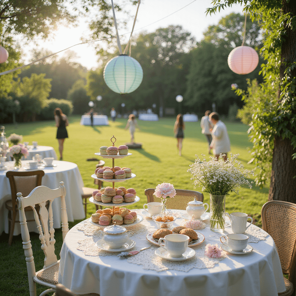 Heartfelt Wedding Anniversary Wishes: The Ultimate Guide to Celebrating Love A whimsical garden tea party for a 10th anniversary, featuring a dessert cart with pastel macarons, delicate teacups, and a tiered cake, surrounded by mismatched vintage chairs and low tables adorned with lace doilies and flower posies, with guests playing croquet in the background under hanging lanterns and streamers.