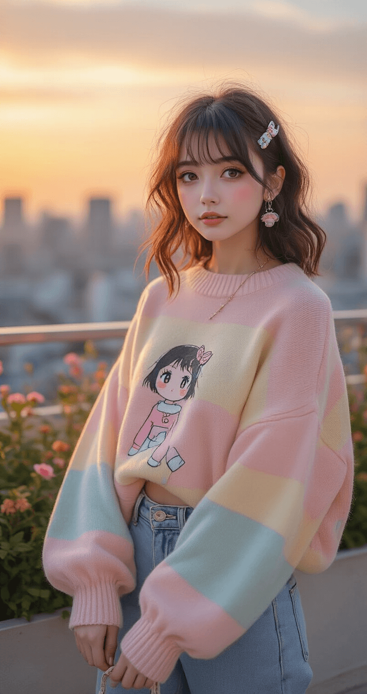 Anime Fashion: How to Rock Your Favorite Character's Style IRL A model in a pastel oversized sweater and high-waist mom jeans poses in a contemporary rooftop garden at sunset, with soft waves in her hair adorned with cute clips. The urban backdrop contrasts with her kawaii style, enhanced by golden hour lighting and shallow depth of field.
