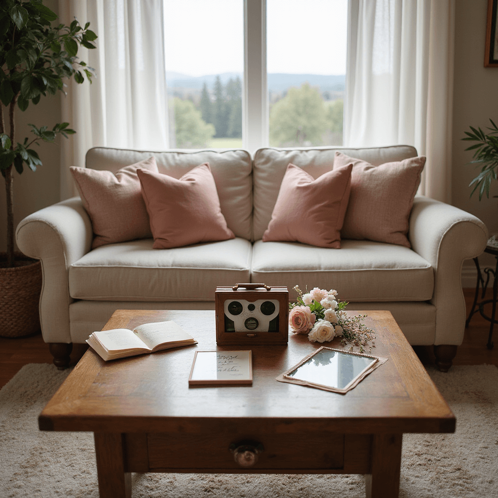 One-Year Anniversary Gifts for Him: Memorable & Meaningful Ideas A cozy living room in soft morning light, featuring a styled coffee table with a personalized reel viewer, vintage photographs, paper flowers, and a handwritten love letter, with warm tones and blush pink accents, viewed from a low angle.