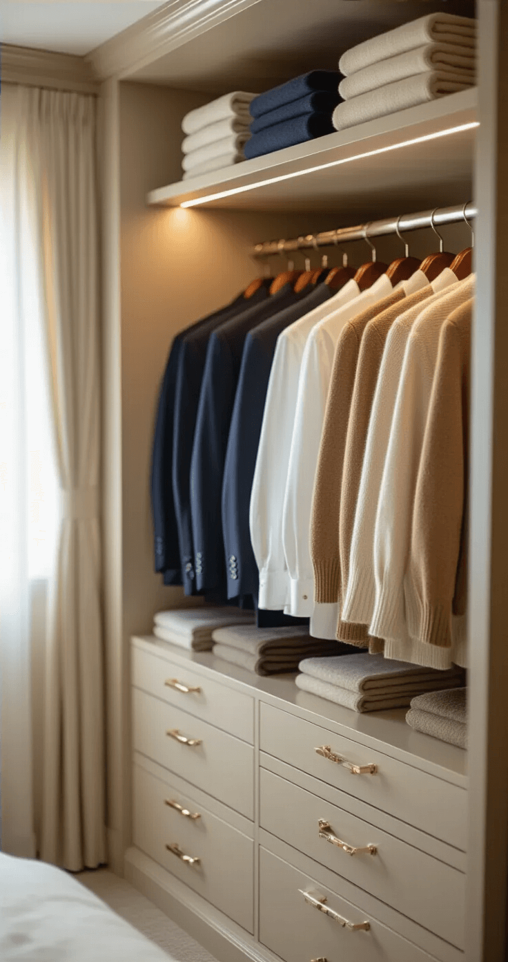 The Art of Old Money Style: Your Guide to Timeless Elegance Interior of a luxurious walk-in closet showcasing a curated selection of neatly organized neutral blazers in navy and beige, pressed white shirts, and cashmere sweaters in cream and camel, all illuminated by warm ambient lighting and soft morning light filtering through sheer curtains.