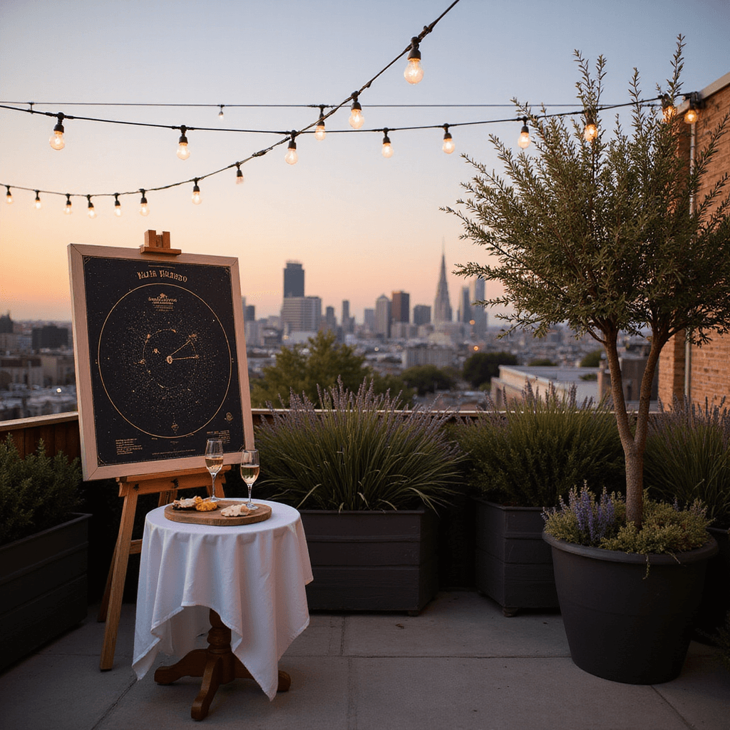 One-Year Anniversary Gifts for Him: Memorable & Meaningful Ideas An elegant rooftop terrace at golden hour featuring a custom star map on an easel, warm string lights overhead, a bistro table with champagne flutes and a cheese board, surrounded by potted olive trees and lavender, with a stunning cityscape backdrop and a couple's silhouette against the horizon.