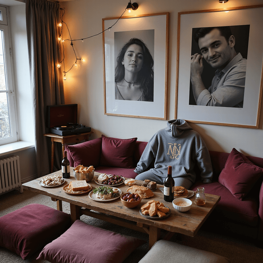 One-Year Anniversary Gifts for Him: Memorable & Meaningful Ideas A cozy modern apartment set for an anniversary celebration, featuring a low table with a Roman numeral hoodie and a gourmet picnic spread, surrounded by plush jewel-toned cushions, warm copper string lights, black and white photos of the couple, and a record player.