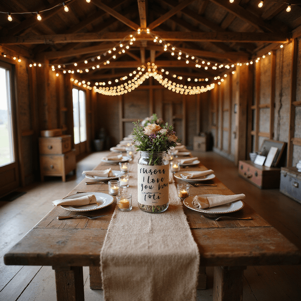 One-Year Anniversary Gifts for Him: Memorable & Meaningful Ideas Cozy anniversary dinner setup in a rustic barn interior, featuring a long farmhouse table with a burlap runner, mason jar candle holders, wildflower centerpieces, and a 'Reasons I Love You' jar filled with paper scrolls, illuminated by fairy lights above. Vintage suitcases add charm to the intimate atmosphere.