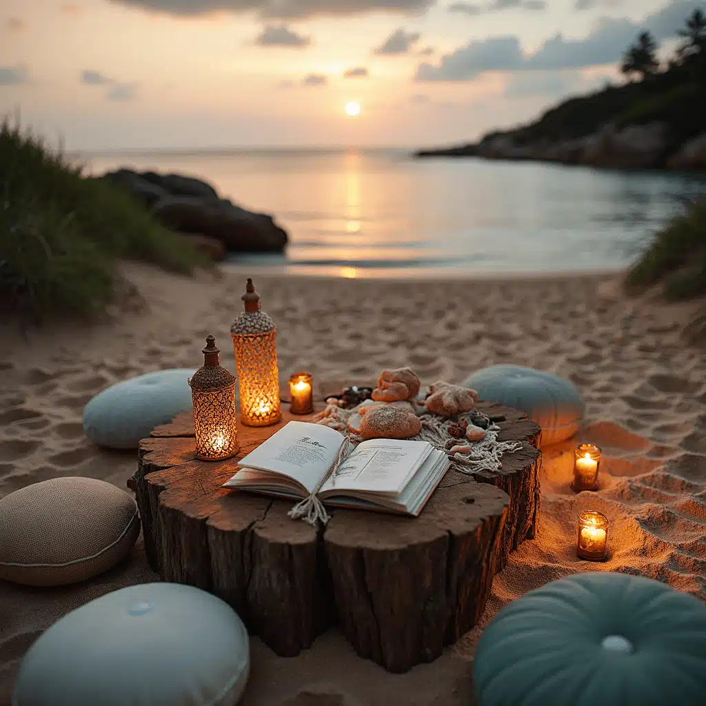 One-Year Anniversary Gifts for Him: Memorable & Meaningful Ideas A romantic beachfront picnic setup at twilight, featuring a driftwood table with a macramé runner, lanterns, seashells, an open scrapbook, plush floor pillows, and tiki torches leading to a 'Happy Anniversary' message in the sand as the sun sets.