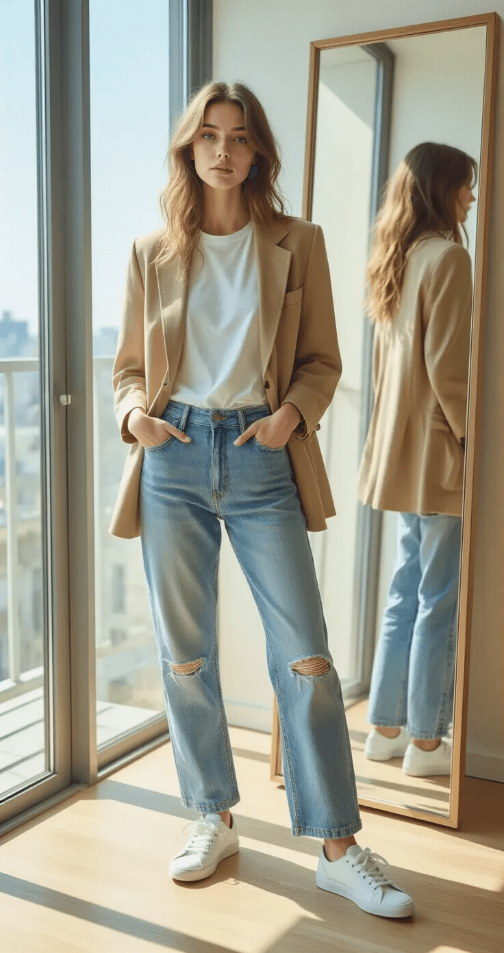 How to Create Show-Stopping Outfits Without Breaking the Bank A young woman in a sunlit minimalist studio apartment styles a layered outfit featuring a white t-shirt, vintage pinstripe button-down, and camel blazer, reflected in a full-length mirror with distressed jeans and white sneakers.