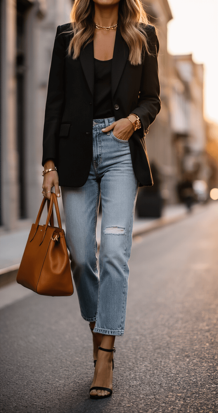 How to Create Show-Stopping Outfits Without Breaking the Bank A fashion blogger in a black designer blazer and light wash mom jeans walks through an upscale neighborhood during golden hour, showcasing a vintage cognac leather tote and gold accessories, with warm light highlighting the textures of her outfit.