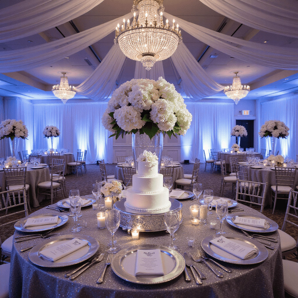 Anniversary Wishes for Your Husband: Love Notes That Melt Hearts Opulent ballroom for a milestone birthday, featuring shimmering silver sequin table linens, towering floral arrangements, elegant place settings, a grand dessert table with a multi-tiered cake, and a dreamy ambiance created by flowing drapery and uplighting.