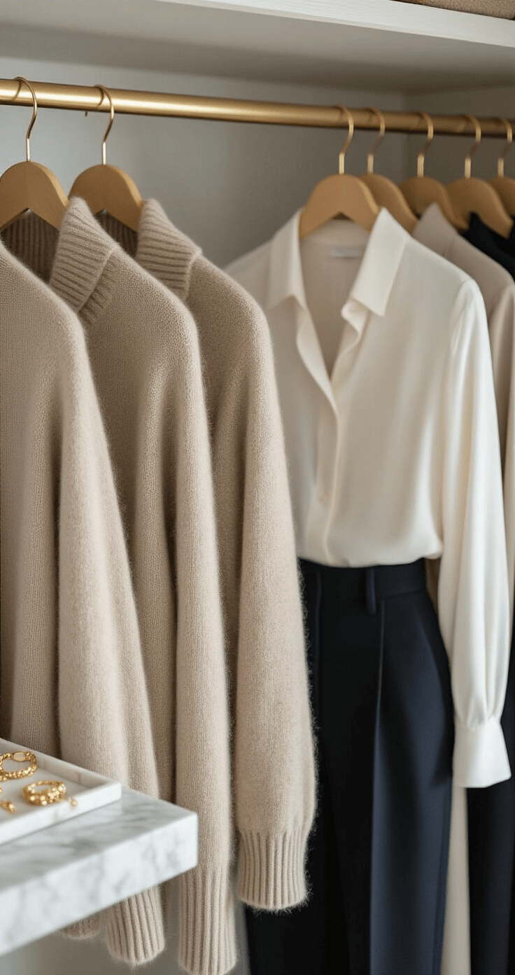 How to Create Show-Stopping Outfits Without Breaking the Bank Bright, airy walk-in closet showcasing organized neutral clothing items including a beige cashmere sweater, white silk blouse, navy wool coat, and black tailored trousers, with gold-tone jewelry on a marble tray, all illuminated by natural daylight highlighting fabric textures in a detailed overhead shot.