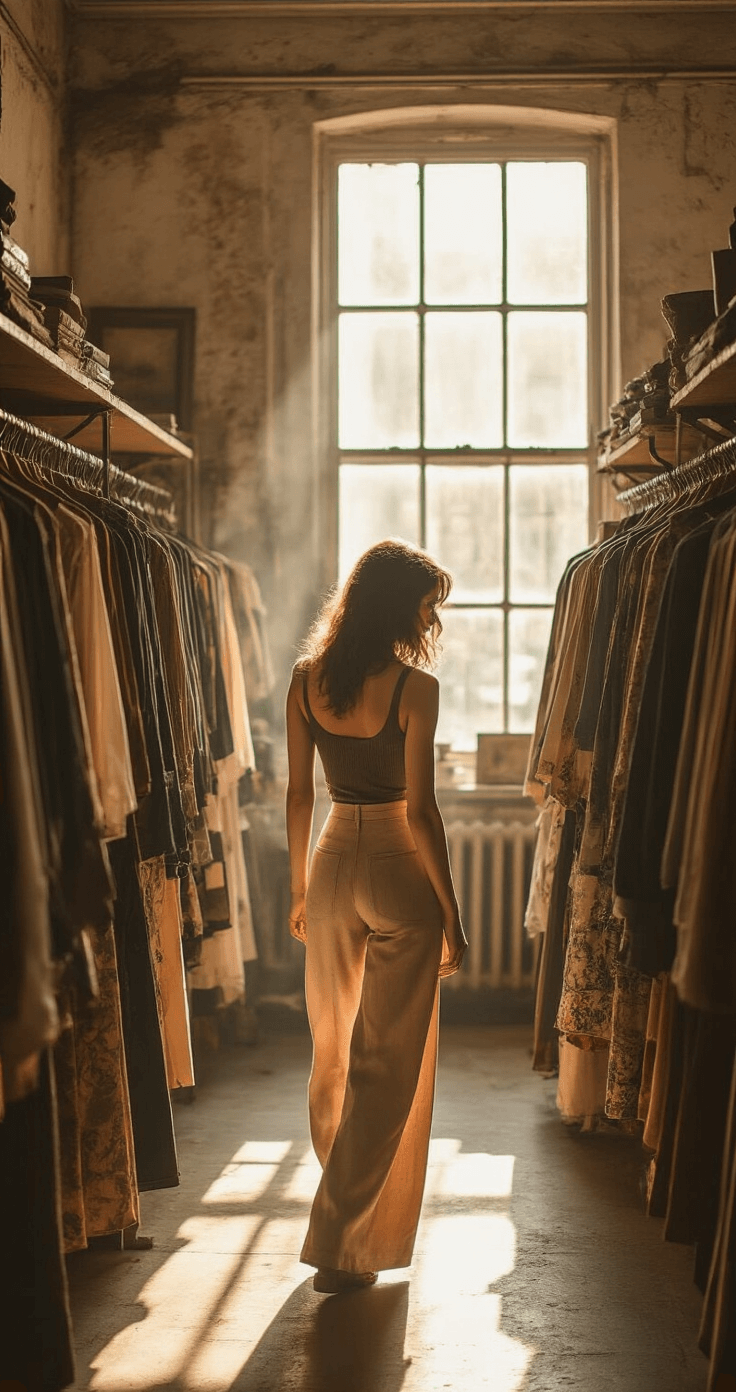 How to Create Show-Stopping Outfits Without Breaking the Bank A fashionable woman with a thrifted silk scarf browses vintage clothing in a warmly lit store, showcasing high-waist wide-leg trousers and a fitted ribbed tank, surrounded by curated second-hand treasures.