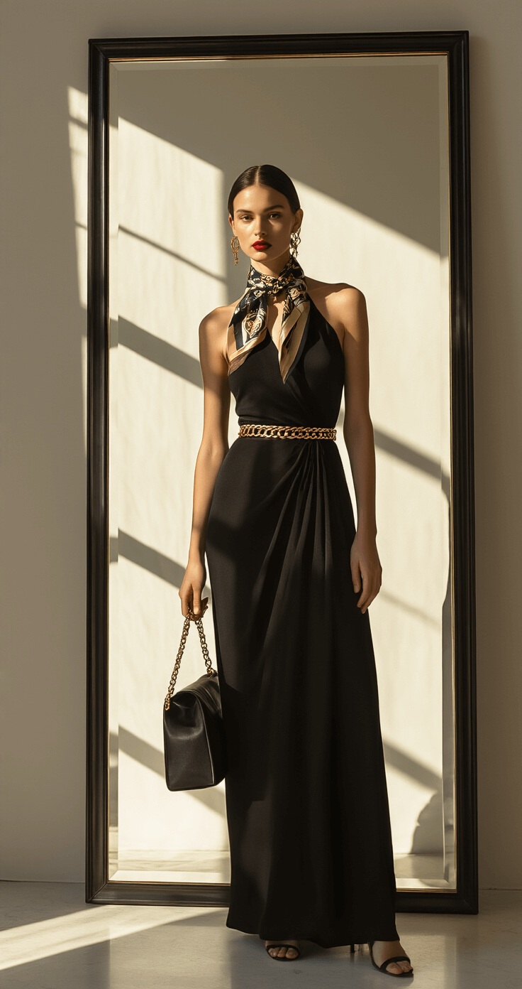 How to Create Show-Stopping Outfits Without Breaking the Bank A modern bedroom with afternoon sunlight casting dramatic shadows, featuring a person in a simple black dress styled with a vintage Hermès scarf, gold-tone chain belt, and structured leather clutch, captured in a fashion editorial style.