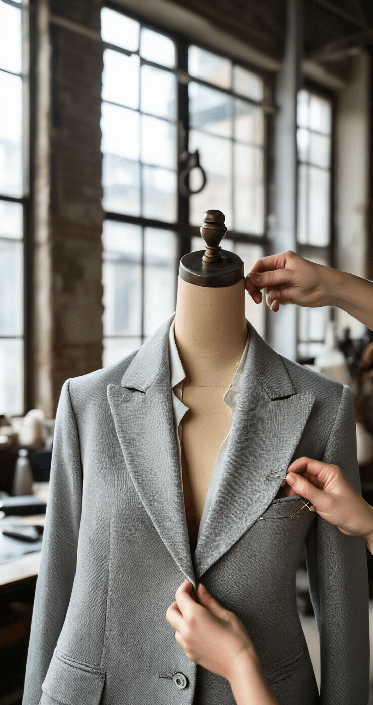 How to Create Show-Stopping Outfits Without Breaking the Bank Close-up of a woman fitting a blazer in a sleek tailor's studio with industrial elements, featuring pins for precise adjustments and natural light highlighting fabric texture and craftsmanship.