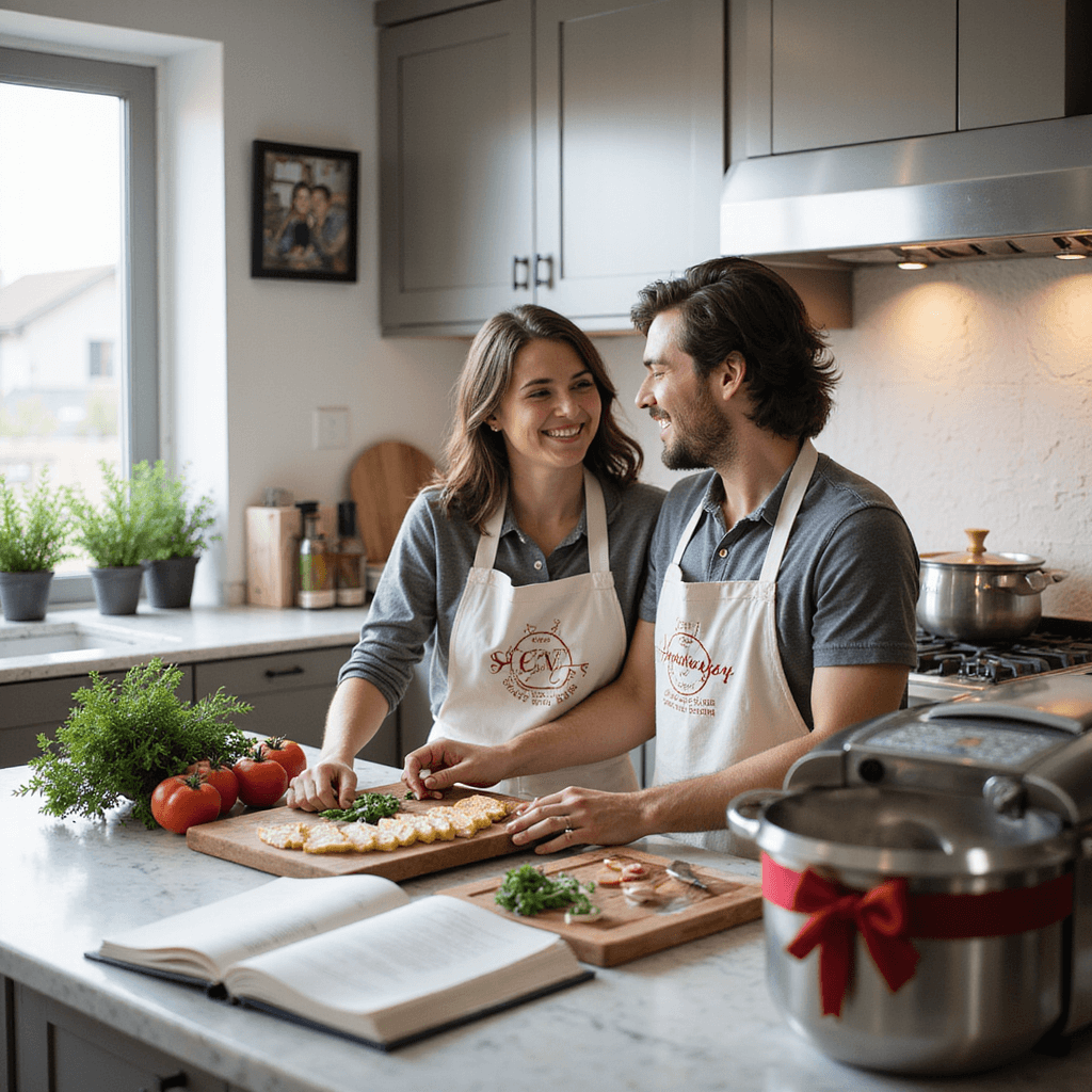 One Year Anniversary Gift Ideas for Him: Making Your First Milestone Unforgettable A bright modern kitchen with stainless steel and marble surfaces, featuring a laughing couple in matching aprons during a cooking class. Fresh ingredients are on a monogrammed cutting board, a red-bowed espresso machine nearby, and recipe cards and a 'First Anniversary Cookbook' on the island. Herb planters are on the windowsill, and a digital photo frame displays the couple's memories from their first year together.