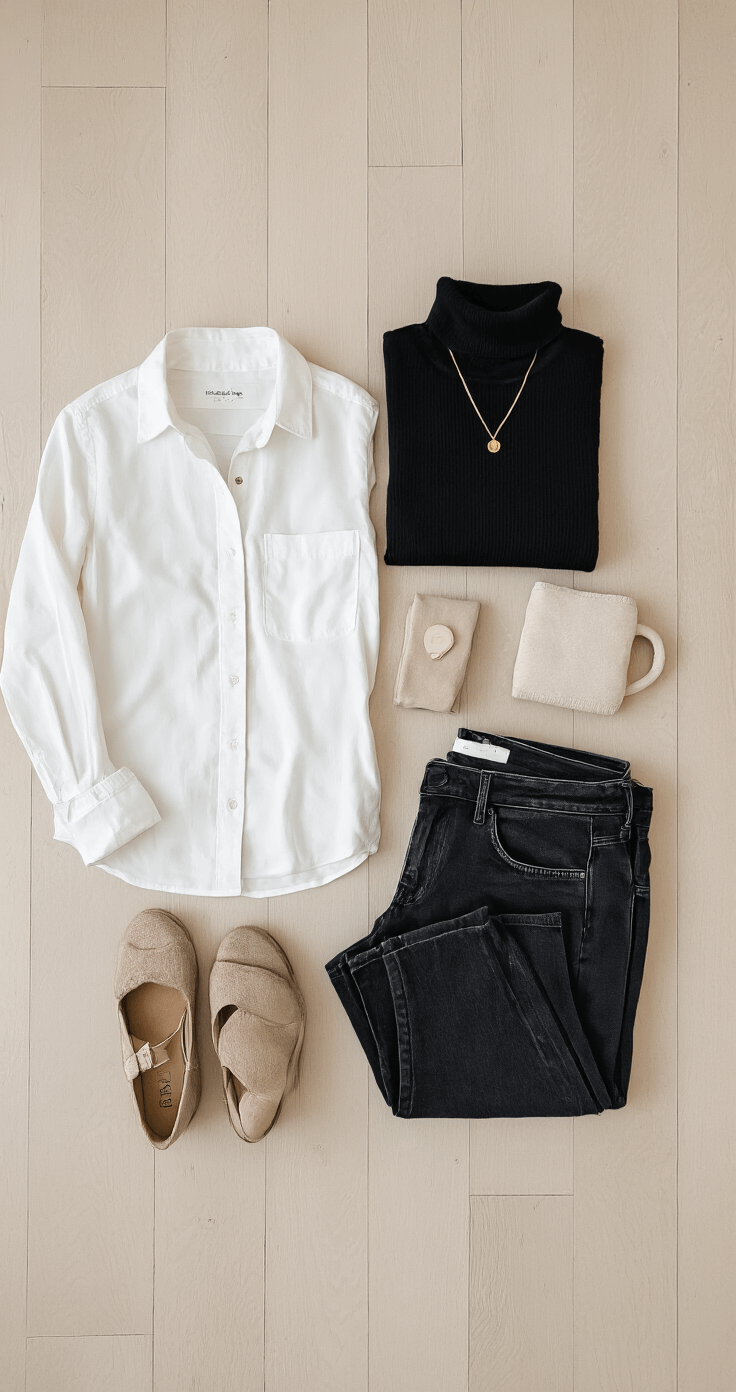 How to Create Show-Stopping Outfits Without Breaking the Bank Flat-lay of a cozy home office corner showcasing a capsule wardrobe on a pale wooden floor, featuring a white button-down, black turtleneck, dark jeans, a neutral blazer, and minimal jewelry, under soft, diffused lighting.