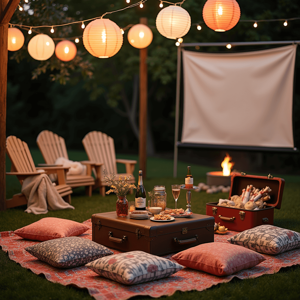 One Year Anniversary Gift Ideas for Him: Making Your First Milestone Unforgettable A whimsical picnic setup in a backyard featuring a low table with tapas and champagne, surrounded by colorful floor cushions. Personalized mason jars with wildflower bouquets, a vintage suitcase filled with love letters, a projector screen for movies, cozy blankets on Adirondack chairs, and a softly glowing fire pit are all illuminated by fairy lights and paper lanterns.