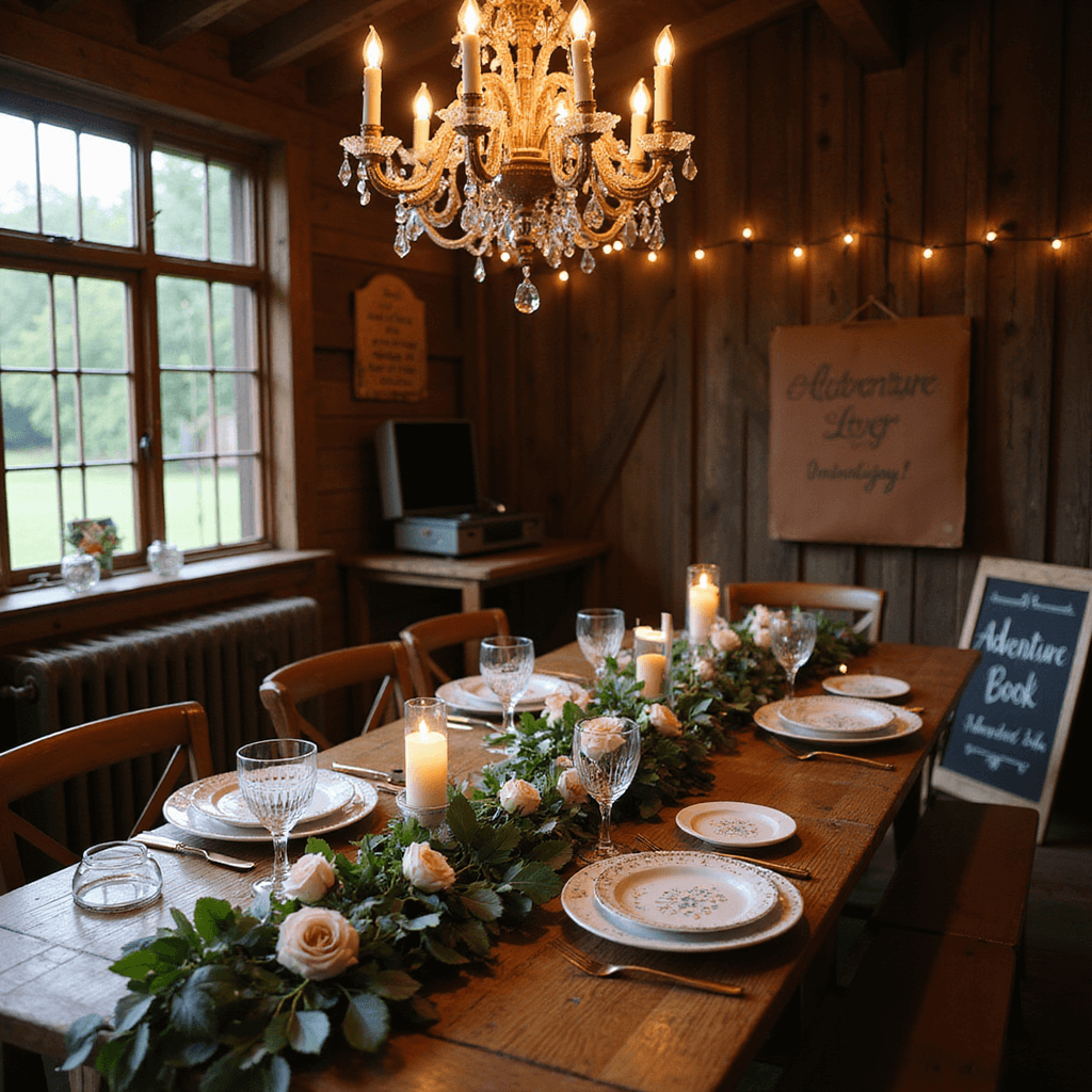 One Year Anniversary Gift Ideas for Him: Making Your First Milestone Unforgettable A romantic candlelit corner in a rustic barn featuring a reclaimed wood table set with vintage china and crystal goblets, adorned with a lush greenery runner and blush roses. A paper chandelier illuminates the scene, accompanied by a leather-bound 'Adventure Book' and fairy lights in mason jars. A chalkboard easel displays a hand-lettered love quote, with soft music playing from a retro record player.