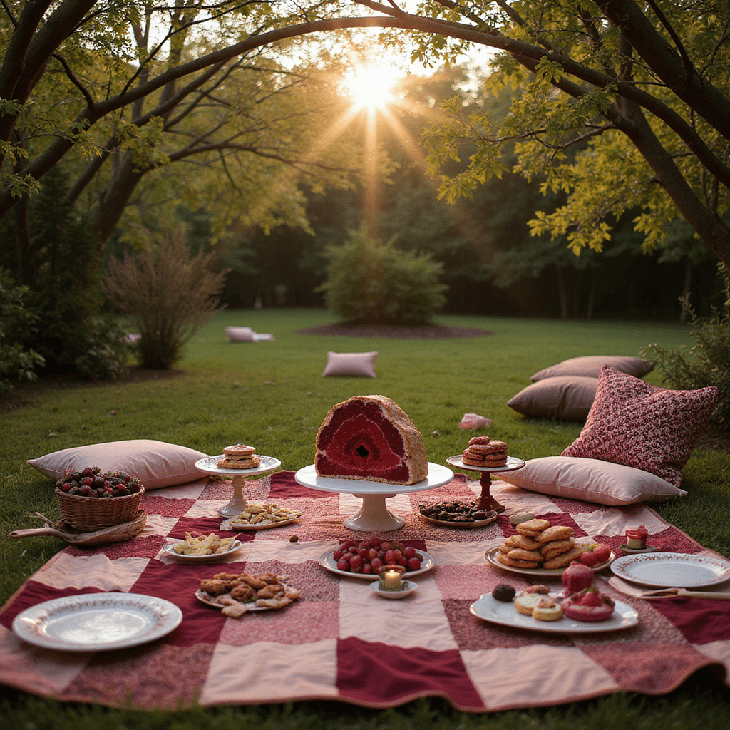 Anniversary Cakes: Celebrating Love's Sweet Journey A whimsical ruby anniversary picnic in a lush garden during golden hour, featuring a patchwork quilt in burgundy and blush, cushions, low tables, and a centerpiece of a ruby-red geode cake with jewel-toned macarons and chocolate-dipped strawberries, all illuminated by fairy lights in the trees.