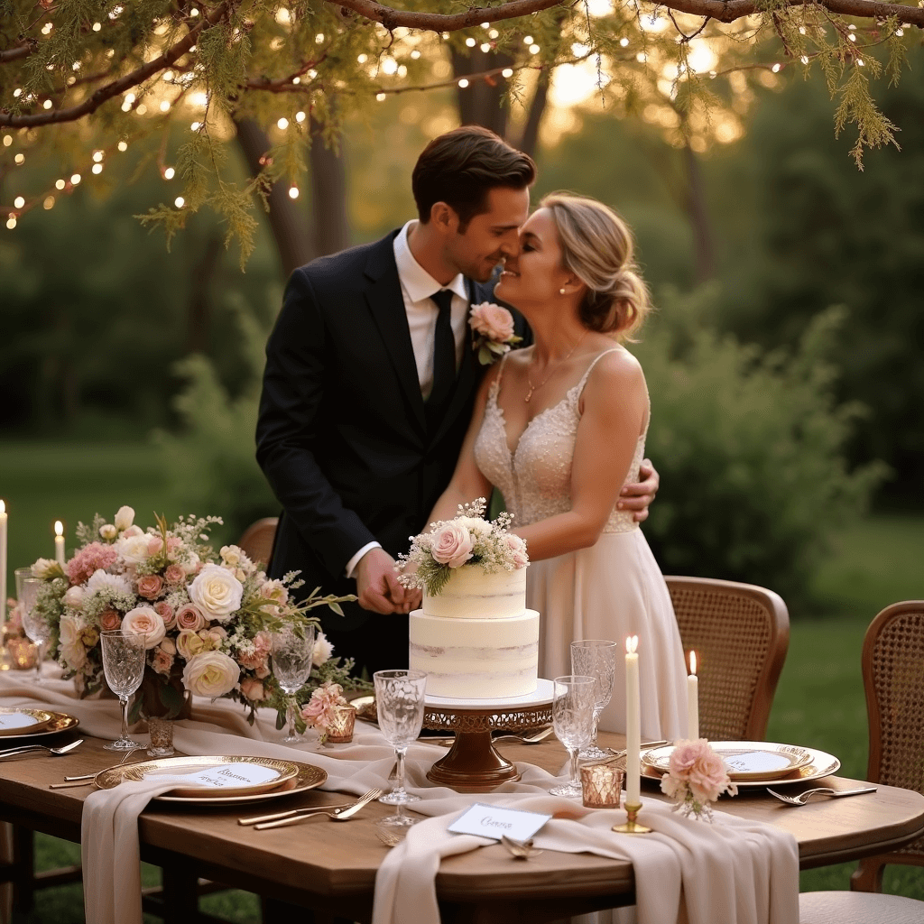 Heartfelt Anniversary Wishes: Celebrating Love's Incredible Journey A couple celebrating their anniversary in a lush garden at golden hour, surrounded by a rustic wooden table set with elegant place settings and floral centerpieces, cutting a tiered naked cake under twinkling fairy lights.