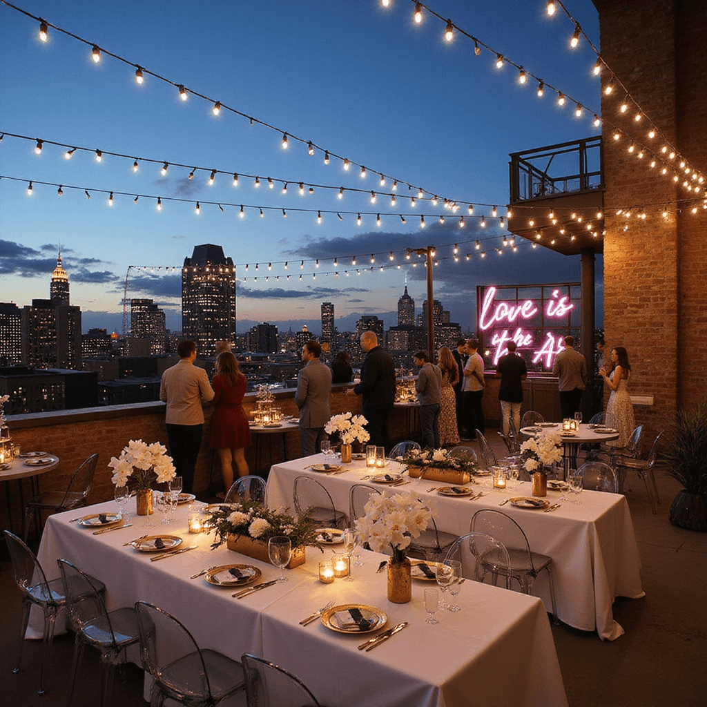 Heartfelt Anniversary Wishes: Celebrating Love's Incredible Journey An industrial-chic rooftop terrace set for a stylish engagement party at dusk, featuring string lights overhead, long tables with white linens and brass candleholders, ghost chairs, a champagne tower, and a neon sign reading 'Love is in the Air', with a twinkling cityscape in the background.