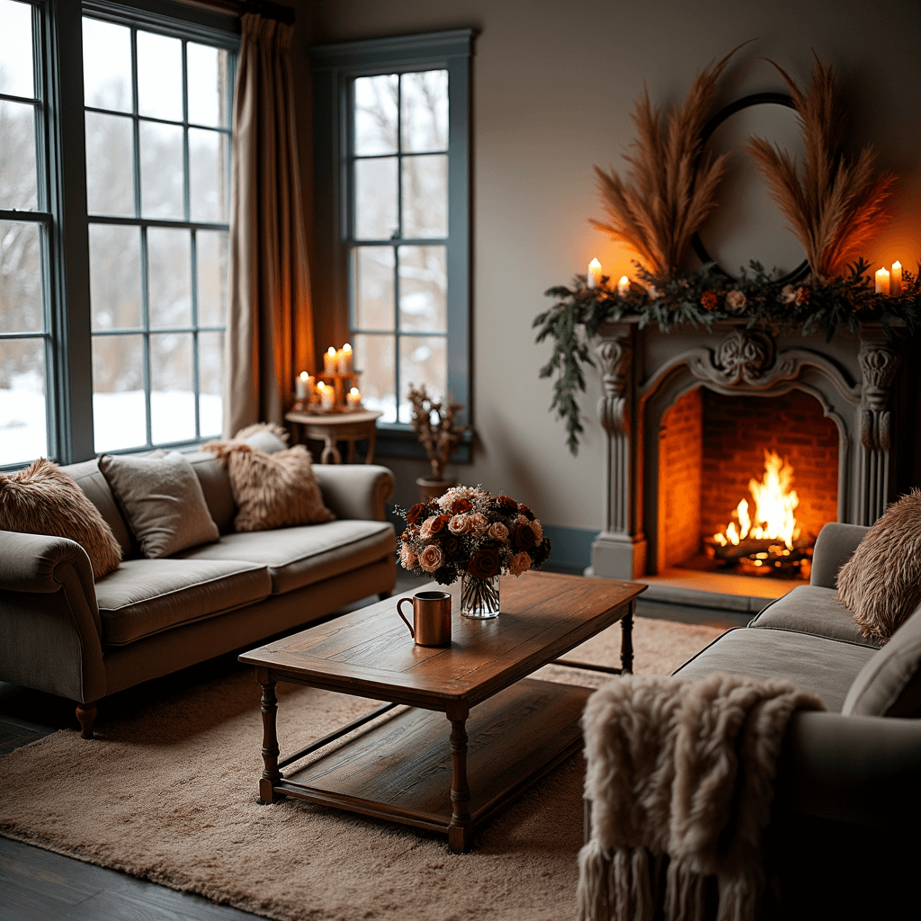 Heartfelt Anniversary Wishes: Celebrating Love's Incredible Journey A cozy living room set for an intimate winter wedding, featuring plush sofas and a fireplace, with a snowy landscape visible through large windows, a pampas grass arch, and guests sipping mulled wine.