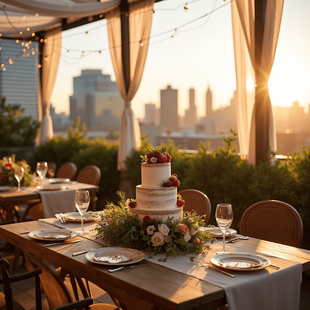 Delightful Anniversary Cakes: Your Ultimate Guide to Celebrating Love A romantic rooftop terrace at golden hour featuring a rustic wooden table with a three-tiered naked cake adorned with fresh berries and florals, surrounded by vintage champagne coupes and gold-rimmed plates. Soft blush and cream linens drape bistro tables accented by greenery, with a city skyline illuminated by the sunset in the background.
