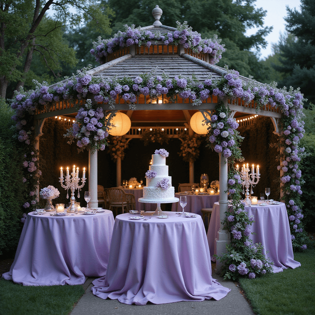 Delightful Anniversary Cakes: Your Ultimate Guide to Celebrating Love An enchanting garden gazebo adorned for an anniversary celebration, featuring lavender silk-covered tables, crystal candelabras, cascading purple and silver floral arrangements, a hexagonal cake display with miniature cakes decorated with sugar flowers, and twinkling fairy lights and paper lanterns illuminating the lush greenery at dusk.