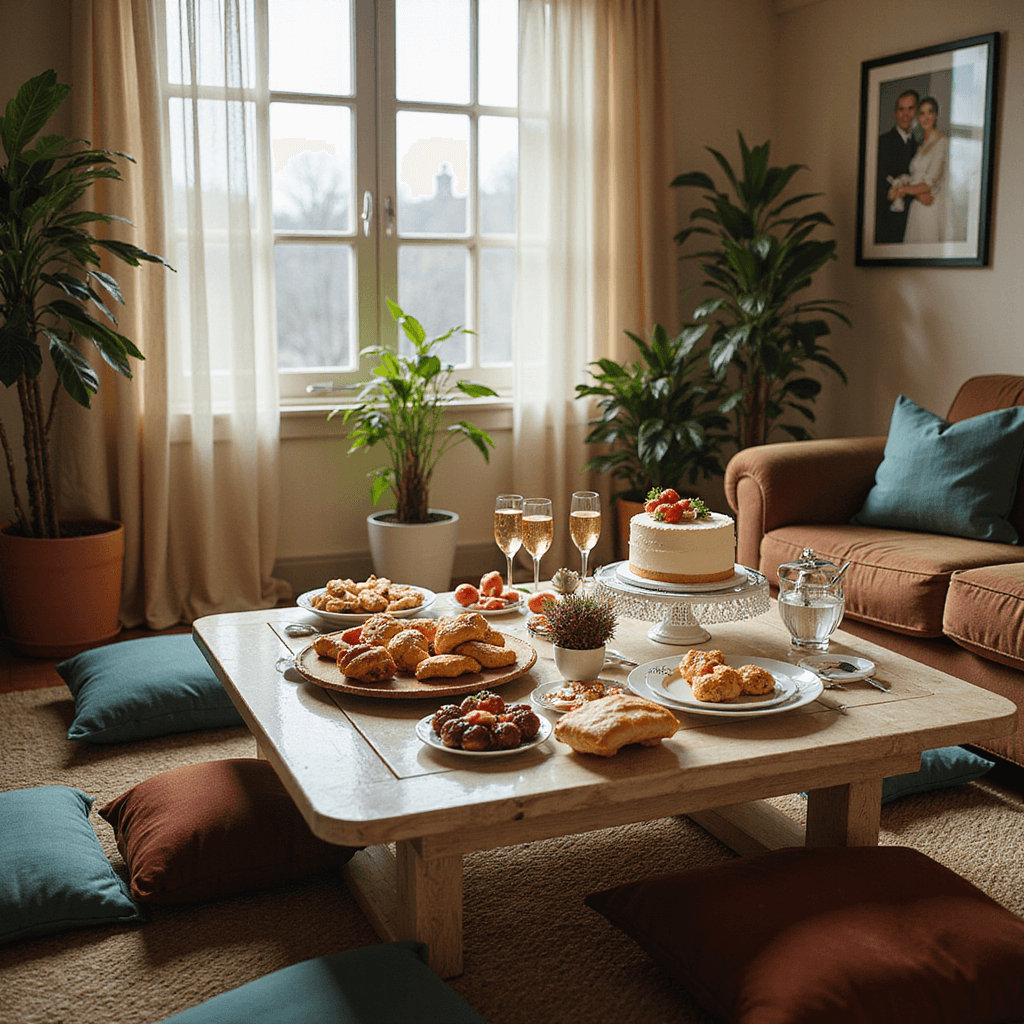 Delightful Anniversary Cakes: Your Ultimate Guide to Celebrating Love A cozy living room filled with soft morning light, featuring a coffee table set for an intimate anniversary brunch with pastries, fruit, and a two-tiered cake, surrounded by jewel-toned floor cushions, sheer curtains, personalized champagne flutes, delicate china, potted plants, and framed photos of the couple.