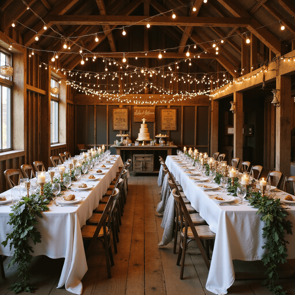 Delightful Anniversary Cakes: Your Ultimate Guide to Celebrating Love A rustic barn interior glowing with fairy lights and candles, featuring long farmhouse tables with white linens and greenery, a dessert cart with an ombré cake and artisanal pies, and cozy throw blankets on chairs.